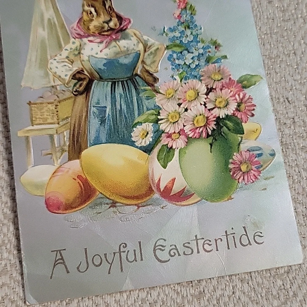 Vintage Easter Card with Mother Bunny and Colorful Eggs And Flowers
